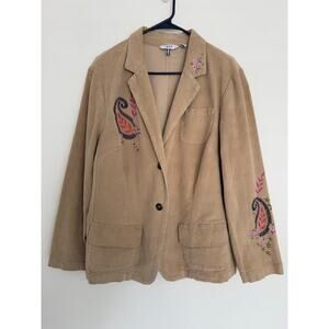 Vintage Corduroy Embroidered Womens Jacket Blazer 1X Tan Paisley Boho Bohemian